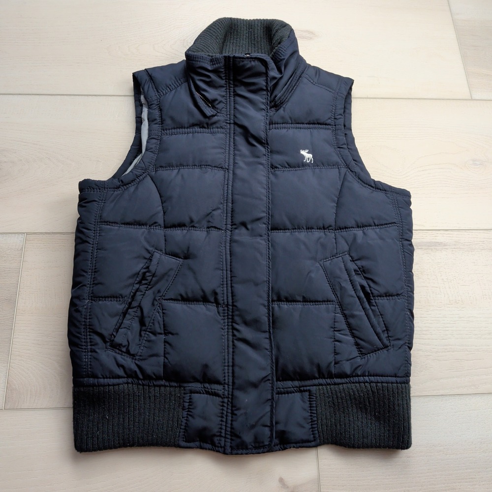 Abercrombie & Fitch Quilted Down Puffer Vest Women S Navy Blue Ribbed Trim Moose